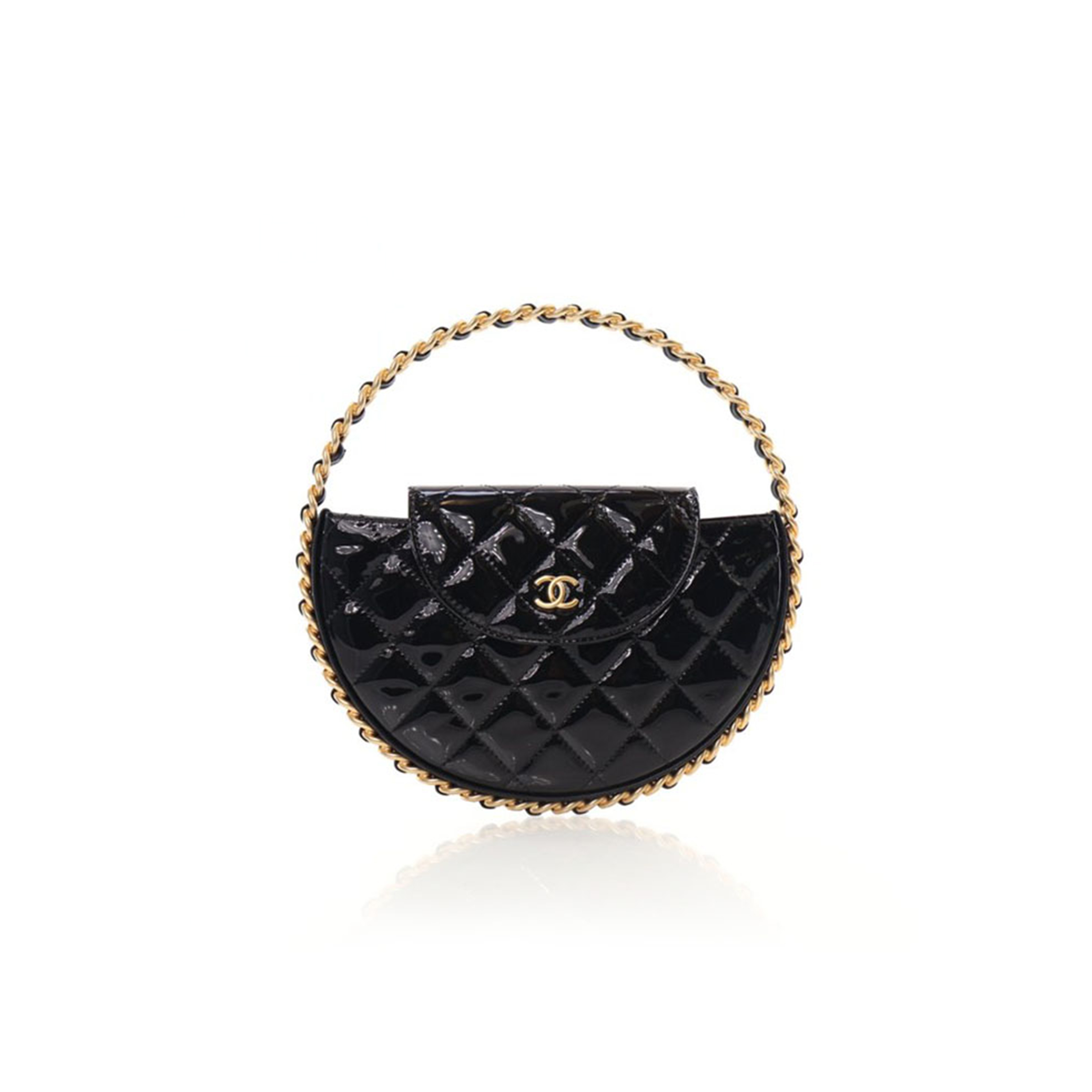 CHANEL PATENT CALFSKIN QUILTED CHAIN HOOP BAG BLACK AP3585 (23*23*3cm)